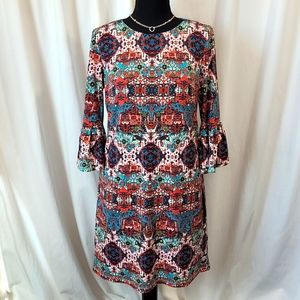 NWT London Style Collection multi color bell sleeve shift dress size 6